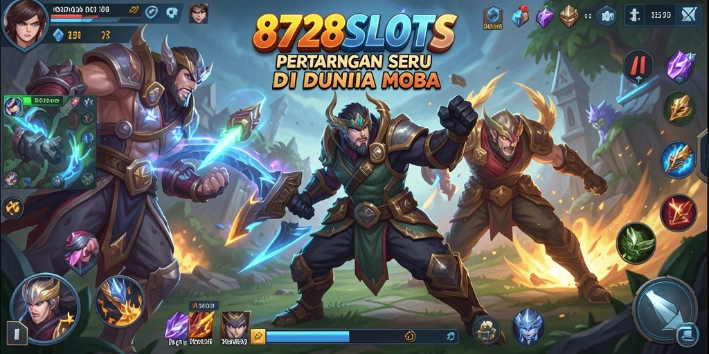 Tangkapan layar menunjukkan aksi seru dalam 8728SLOTS dengan pertarungan karakter MOBA.