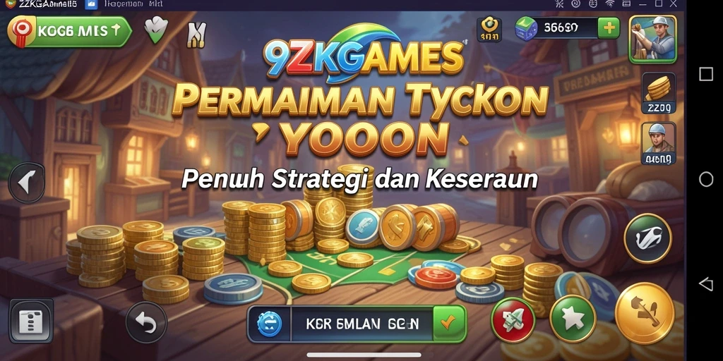 Screenshot utama 9ZKGAMES menampilkan gameplay seru dalam membangun kerajaan bisnis.
