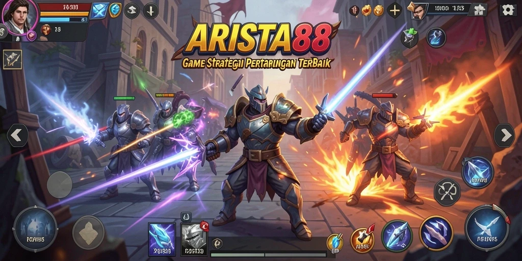Tangkapan layar utama ARISTA88 menampilkan aksi pertarungan strategis yang intens.