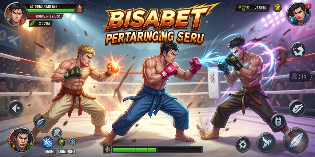 Screenshot utama BISABET menunjukkan pertarungan seru dan karakter epik yang bertanding.