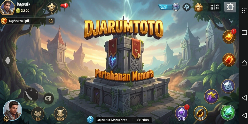 Screenshot gameplay DJARUMTOTO yang menunjukkan menara pertahanan yang aktif.