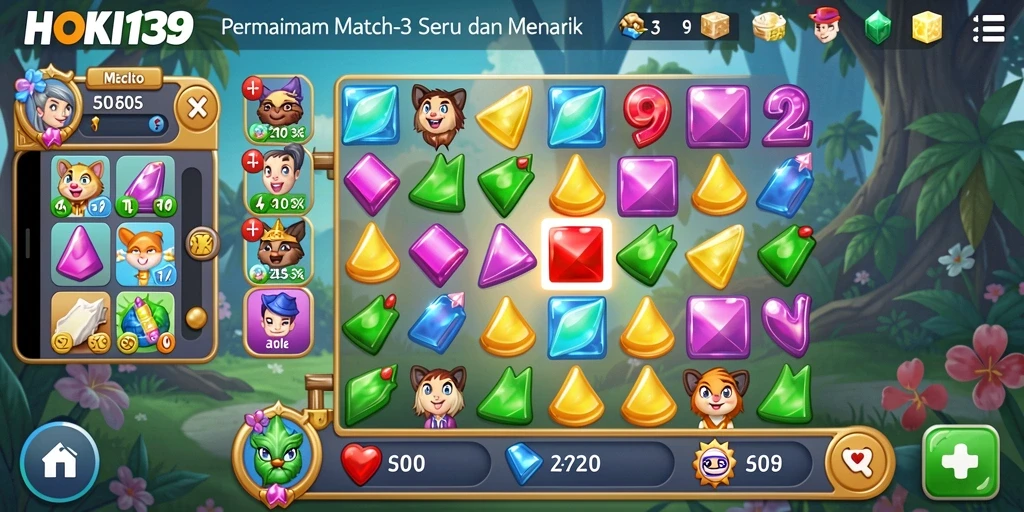 Tangkapan layar utama HOKI138 menampilkan aksi permainan Match-3 yang seru.
