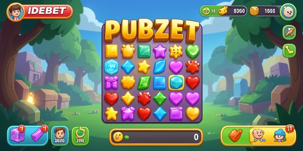 Screenshot gameplay IDEBET dengan elemen Match-3 yang cerah.