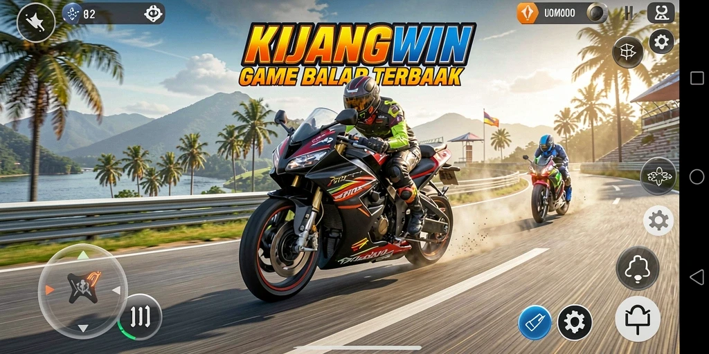 Screenshot gameplay KIJANGWIN dengan balapan motor yang seru.