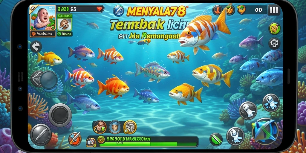 Tampilan utama gameplay Tembak Ikan MENYALA78 dengan berbagai ikan berwarna-warni.