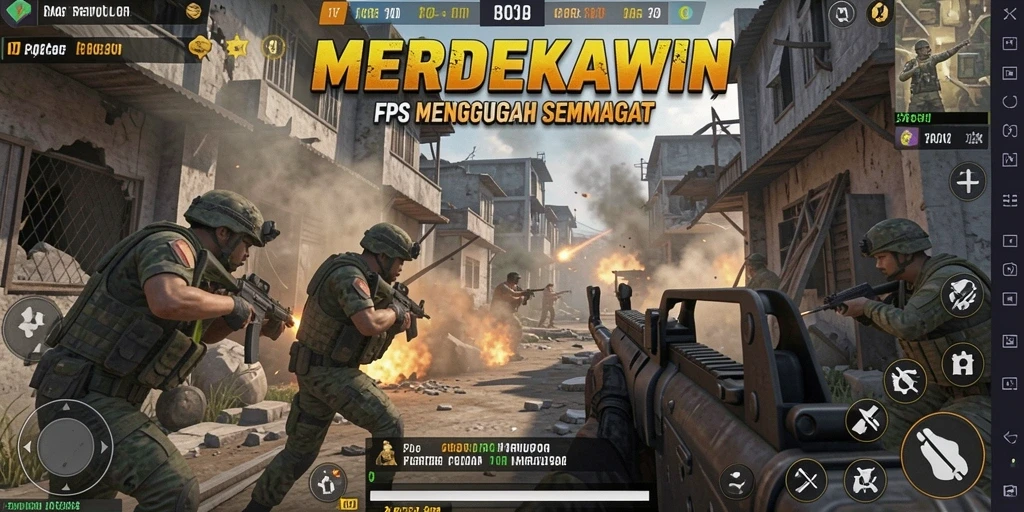 Tampilan gameplay meriah di <strong>MERDEKAWIN</strong> saat pertempuran intens berlangsung.