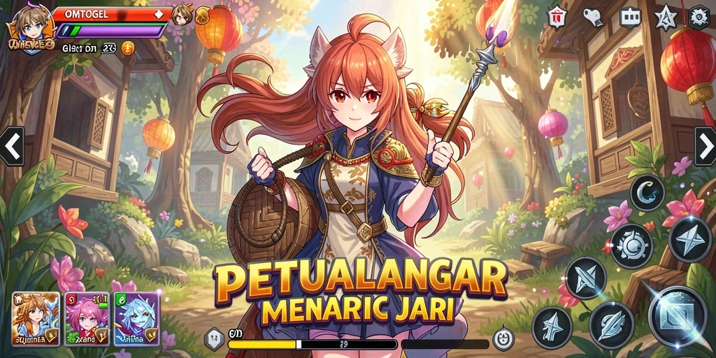 Tampilan gameplay OMTOGEL dengan karakter anime yang dinamis dan berwarna.