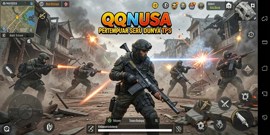 Screenshot QQNUSA menampilkan aksi pertempuran mendebarkan.