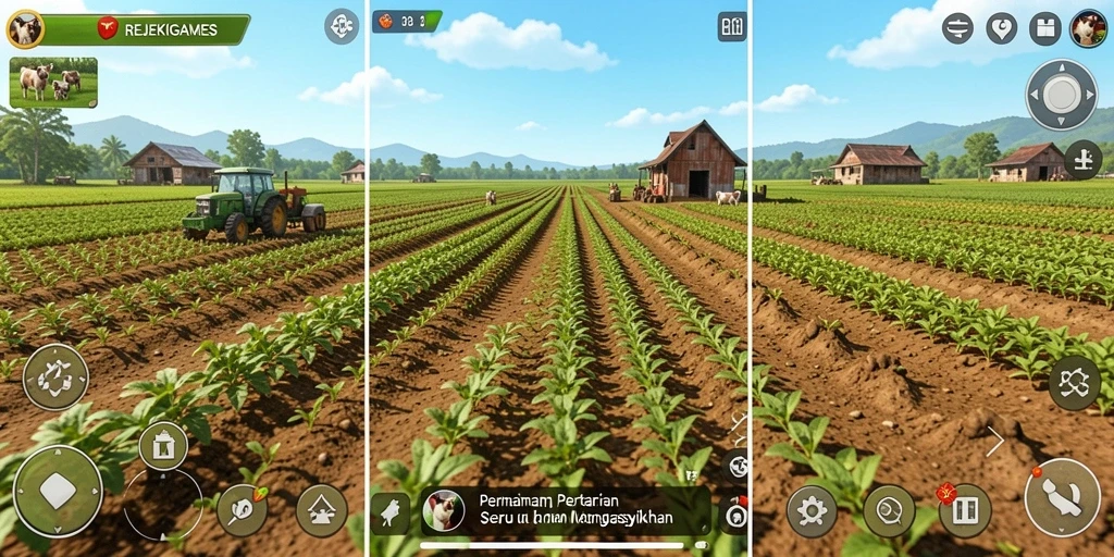 Screenshot gameplay REJEKIGAMES menampilkan kebun yang luas dan berwarna.