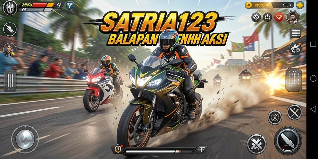 Screenshot utama SATRIA123 menampilkan aksi balapan motor yang mendebarkan.