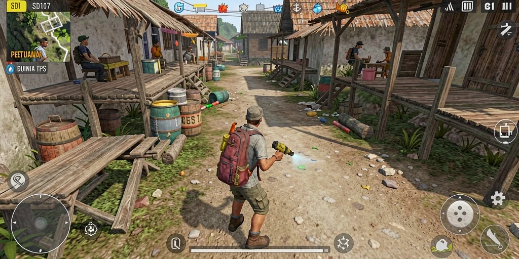 Tampilan gameplay seru dari SD107 saat menghadapi musuh dalam TPS.