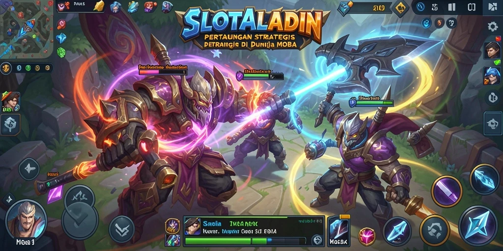 Screenshot menunjukkan pertarungan epik dalam game MOBA SLOTALADIN.