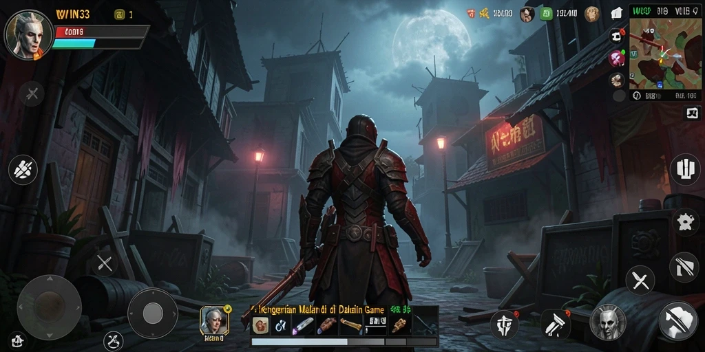 Screenshot gameplay WIN33 menunjukkan suasana menyeramkan dan aksi mendebarkan.